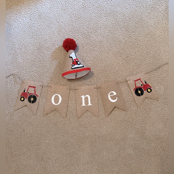 1st Birthday Red Tractor Party Hat and Banner Bundle - Picture 2 of 3